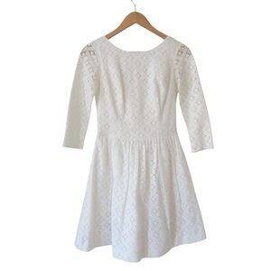 Lilly Pulitzer White Lori Dress 00 Fit Flare XO Lace 3/4 Sleeves Pleated Party